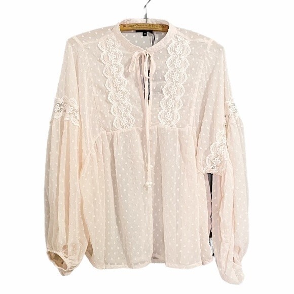 NWT Blue B Top Women’s Size Small Cream Lace Cottagecore Peasant Blouse Academia - Picture 2 of 11